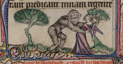 Ineffectual wodewose wooing from the Taymouth Hours, England, c. 1325–50, Yates Thompson MS 13, ff. 62r–63v