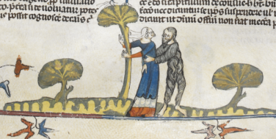 Wodewose attempts to embrace lady; lady appears more taken with the tree, Smithfield Decretals, Southern France (?Toulouse), c. 1300–1340, Royal MS 10 E IV, f 72r