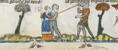 Wodewose rewarded for his advances, Smithfield Decretals, Southern France (?Toulouse), c. 1300–1340, Royal MS 10 E IV, f. 74v