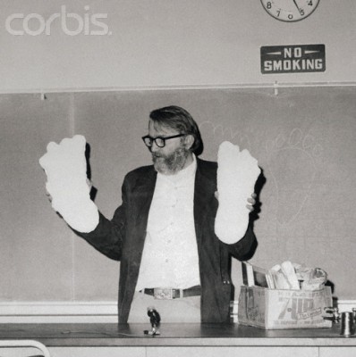 October 22, 1974, Moses Lake, Washington, USA — Dr. Grover Krantz, physical anthropologist at Washington State University, displays casts of footprints he believed were made by a Sasquatch in a logging area of southwestern Washington State.