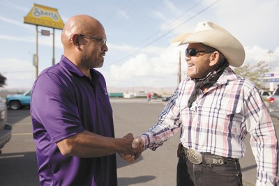 Mel Skahan, left, and Bob Gimlin greet each other outside Shari's restaurant in Union Gap. - YOUNG KWAK<br />Young Kwak