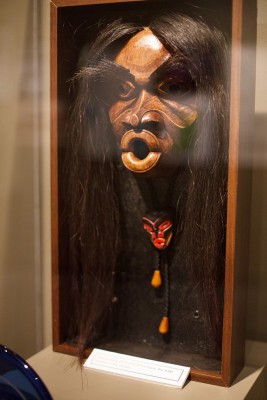 A Native American mask depicting D'sonoqua, part of the Sasquatch exhibit, is on display at the Yakima Valley Museum.